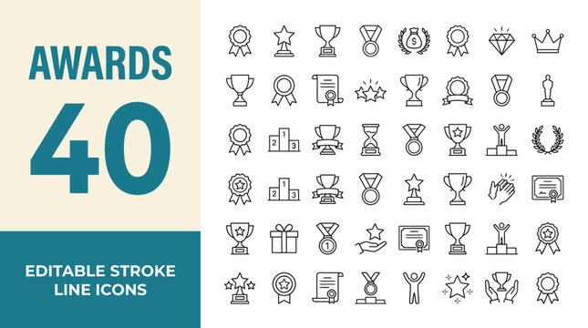 Awards icon set. Containing trophy, winner, medal, winner prize, success, best, reward, champion, star, certificate, badge and more. Editable line icons. Vector illustration.