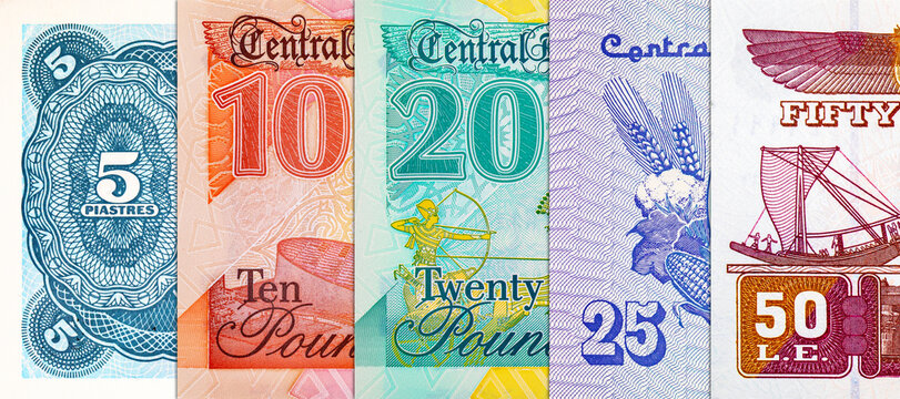 Egyptian Pound banknotes. Macro shot of various denominations of Egyptian currency. African money.