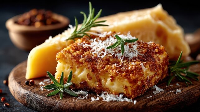 Delicious Fried Cheese with Parmesan and Rosemary on Wooden Board