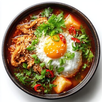 Delicious Korean Ramen Bowl with Fried Egg, Chicken and Fresh Herbs