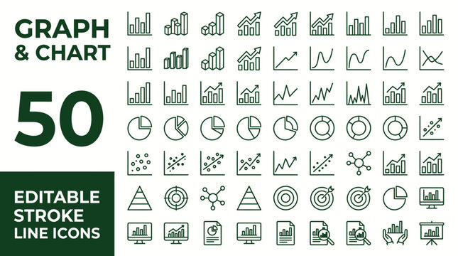 Graph and Chart icon set. Editable line icons. Vector illustration.