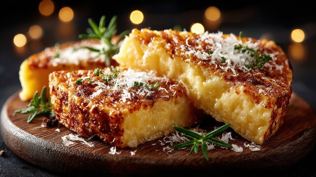 Crispy Polenta Squares with Parmesan Cheese and Fresh Herbs on Wood Board