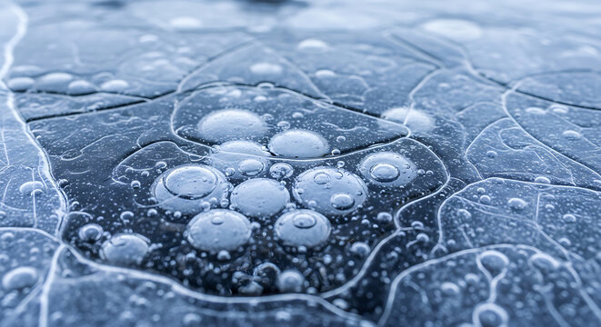 Frozen ice surface with trapped air bubbles