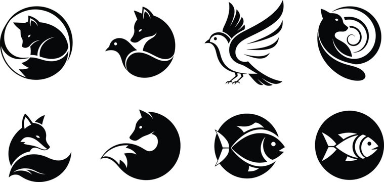 Black Animal Icons, Vector Wildlife Logos, Fox, Bird, Fish Symbols, 8pcs