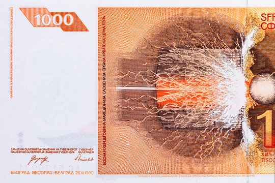 1000 Dinara Yugoslavia banknote 1990 with the image of Tesla transformer. Vintage money of Yugoslavia.
