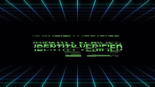 Animated 'Identity Verified' Glitch Text Overlay. Neon Green Tech HUD with Blue Grid on Alpha Channel.