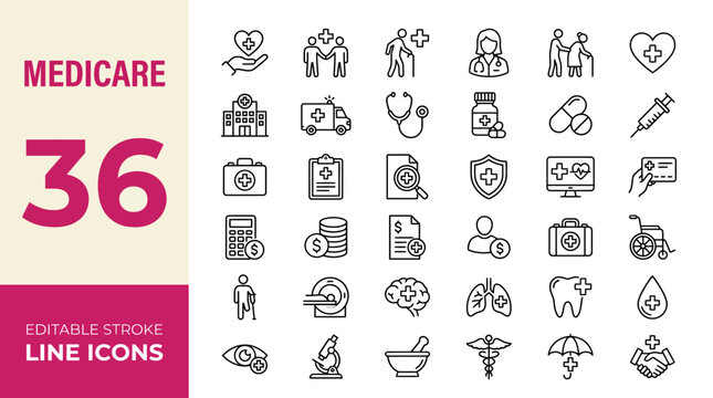 MEDICARE icon set. Editable line icons. Vector illustration.