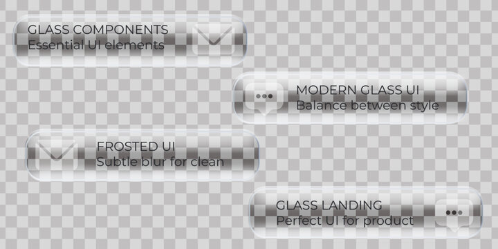 Modern glass interface elements with transparent panels and glossy buttons for web design, featuring sleek UI components and bubble effects in futuristic tech style.