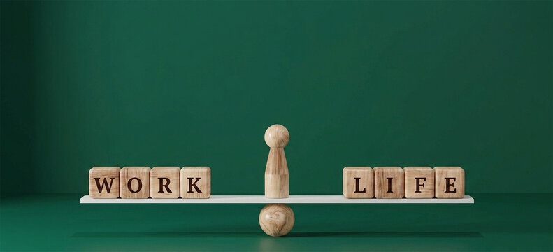 Work life balance concept. Wooden cube block with word LIFE and WORK on seesaw.