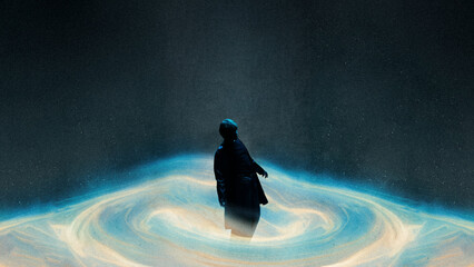 Lonely figure stands in blue glowing whirlpool with grainy texture, soft diffusion and long exposure effect. Concept of isolation, mental overwhelm and search for direction. © Lustre Art Group 