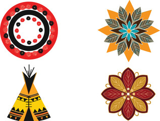 Ethnic ornamental symbols vector set featuring mandala patterns and tribal teepee in decorative folk art style © mdanichur