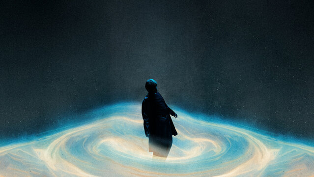 Lonely figure stands in blue glowing whirlpool with grainy texture, soft diffusion and long exposure effect. Concept of isolation, mental overwhelm and search for direction.