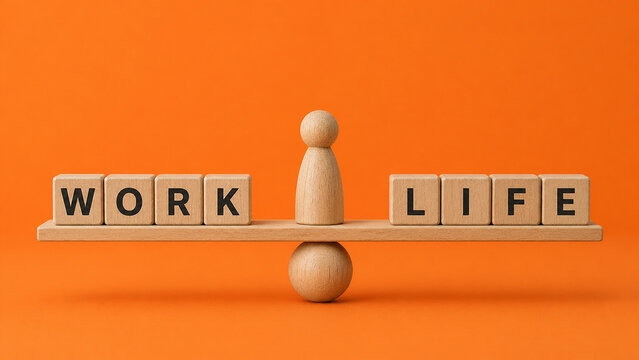 Work life balance concept. Wooden cube block with word LIFE and WORK on seesaw.