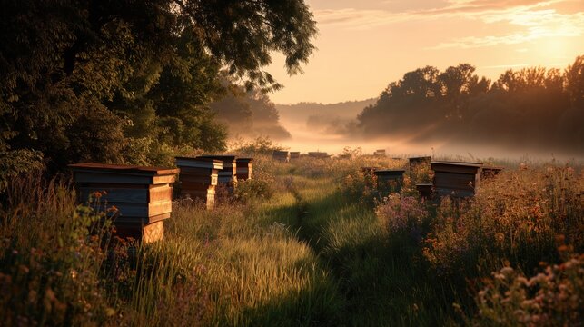Sunrise over traditional wooden beehives in a wildflower meadow with morning mist and warm amber light casting long shadows organic honey production and rural apiary landscape