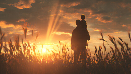 Fototapeta premium Father and child silhouette walking through a golden wheat field at sunset.