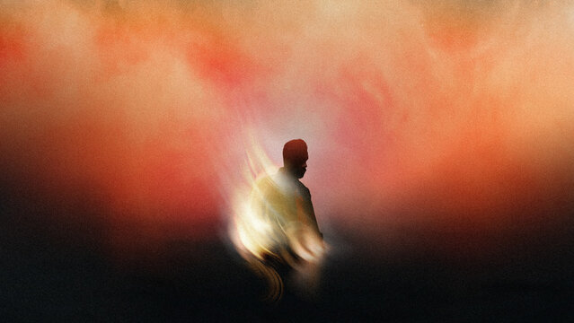Dark human silhouette moving through orange smoky light vortex with soft grain texture. Concept of emotional turbulence, pressure, crisis, self search and crossing difficult life stage.