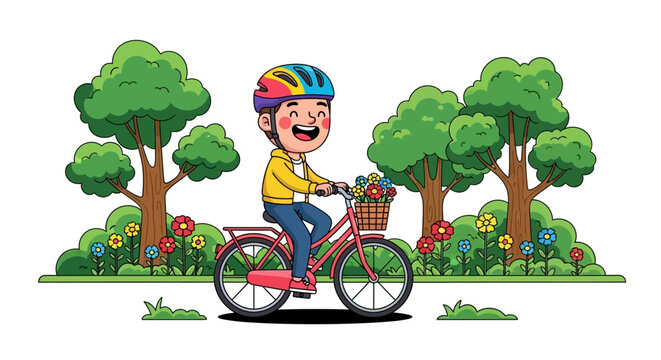 Cartoon human character riding a bicycle in a park with green trees and flowers, wearing a colorful helmet and having a cheerful expression, on a white background.