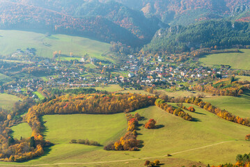 Naklejka premium Sulov-Hradna village from Kecka hill in autumn Sulovske skaly mountains in Slovakia