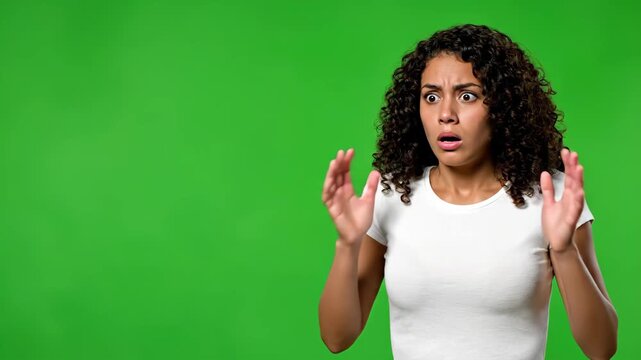 A young woman with curly hair expresses shock and fear, covering her mouth in disbelief on a green screen.