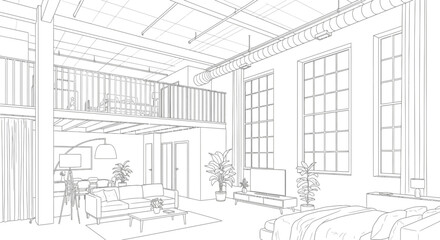 Modern loft apartment interior sketch with mezzanine and large windows © Abi