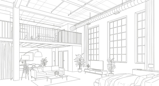 Modern loft apartment interior sketch with mezzanine and large windows
