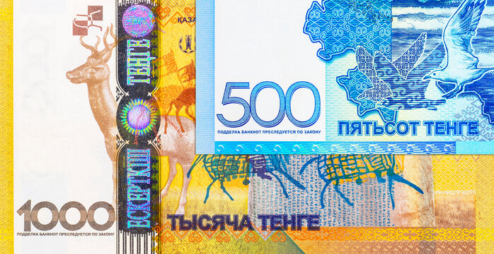 Kazakhstan currency banknotes 500 Tenge and 1000 Tenge. New money of Kazakhstan. Asian currency.