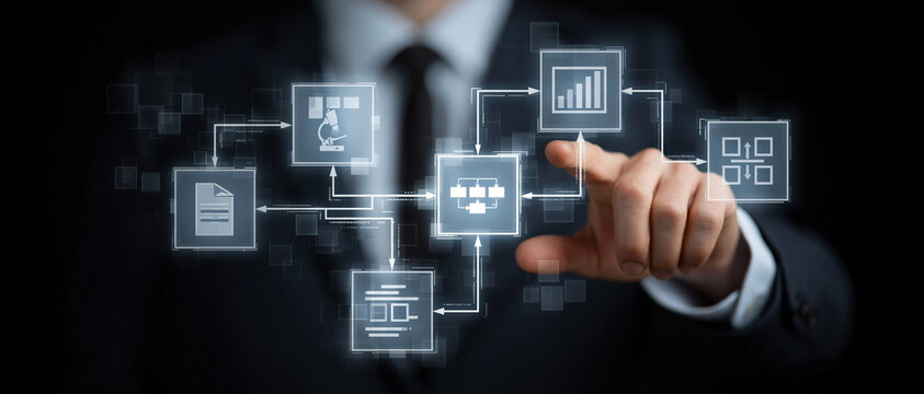 Businessman finger touch digital workflow interface, technology innovation showing futuristic business process automation concept