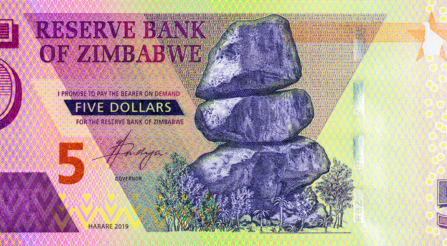 5 Dollars Zimbabwe Banknote Featuring Chiremba Balancing Rocks in Epworth. Zimbabwean Money. African Currency.