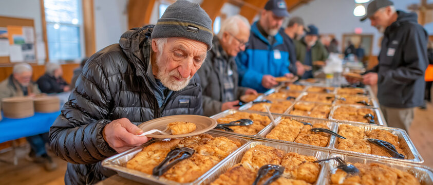 Senior man buffet hot fried fish church hall community meal food line aluminum tray casual clothing winter jacket indoor event comfort food