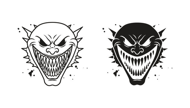 Evil laughing monster face with spikes and sharp teeth vector illustration for gaming and horror character concepts