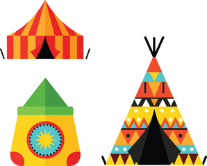 Circus and tribal tent vector illustration featuring colorful circus tent, caravan and teepee in playful flat design style © mdanichur