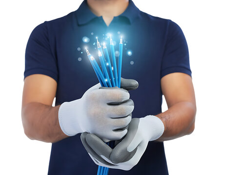 Technician Holding Illuminated Fiber Optic Cables for Data Transmission on Transparent Background PNG