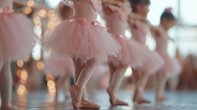 Young ballerina pink tutu ballet class dance studio ballet shoes little girl child dancer soft focus graceful posture group practice young