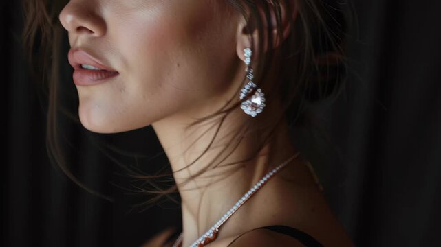 Close Up of Glamorous Woman Wearing Premium Diamond Necklace and Teardrop Earrings on Black Background Video.