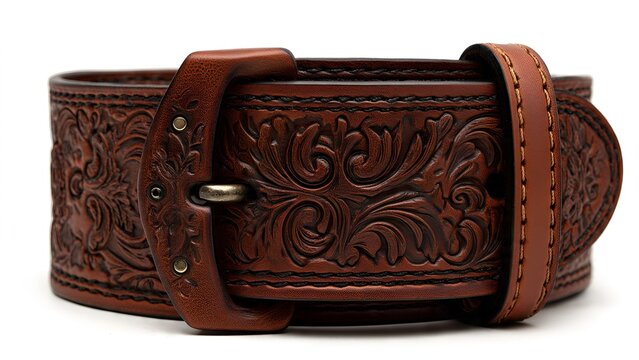 Intricately tooled brown leather belt showcasing ornate floral scrollwork and a robust metal