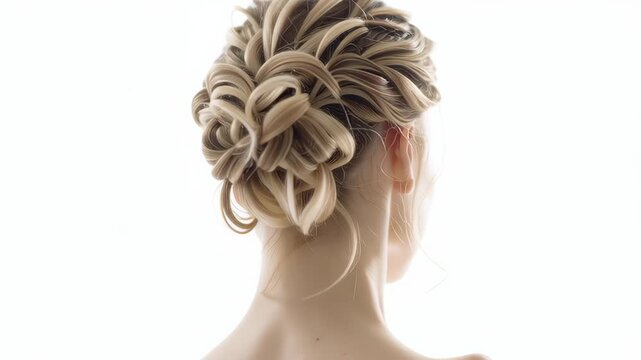 Beautiful Young Blonde Woman Showing Braided Bun Hairstyle on Clean White Background Video.