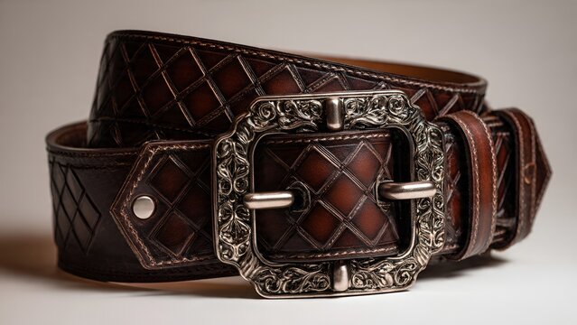 Rich brown leather belt with intricate quilted pattern and ornate silver buckle, presented against