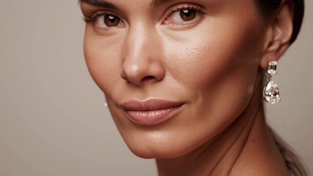 Closeup of Stunning Woman Wearing Elegant Diamond Earrings on Beige Background Video.