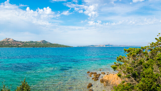 Sunny panoramic view of Capo D'orso (Bear's Cape) with Caprera Island and La Maddalena Archipelago in the background, Palau, Sardinia Island, Italy