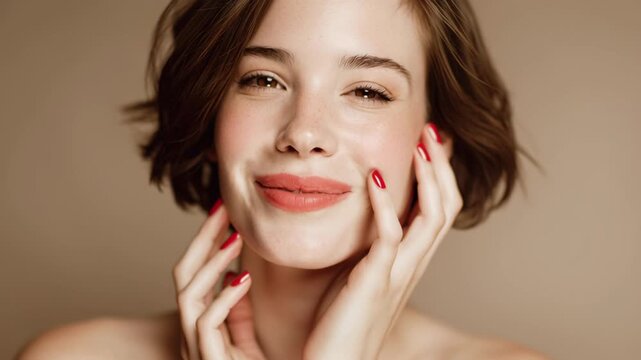 Beautiful Young Woman with Short Brown Hair and Red Nails Smiling at Camera Video.
