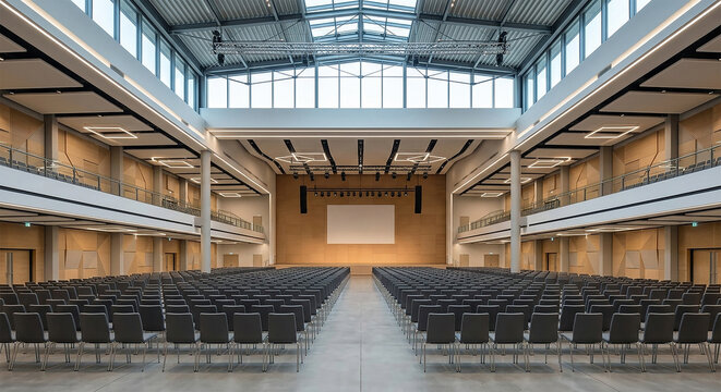 Empty auditorium with black chairs and wooden walls