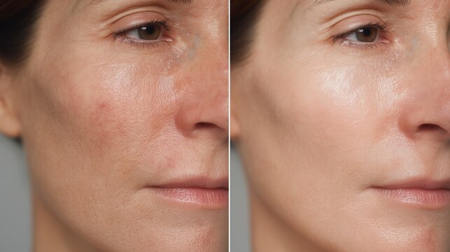 Split screen comparison of woman face showing hyperpigmentation, freckles before and after dermatological laser treatment or brightening skincare representing clear skin results and dark spot remove