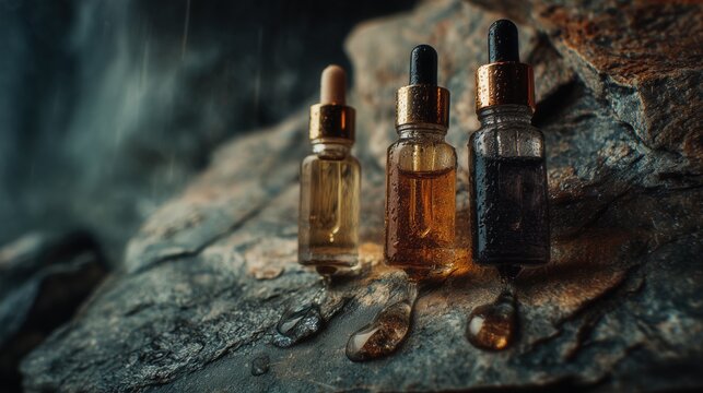 Three glass dropper bottles containing organic essential oils or serums standing on a wet natural rock surface near a waterfall with falling droplets