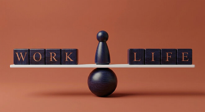 Work life balance concept. Wooden cube block with word LIFE and WORK on seesaw.