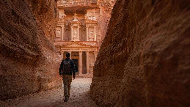 Backpacker walking through Petra canyon toward the Treasury
