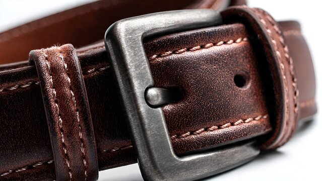 Close-up of a distressed brown leather belt with detailed stitching and a brushed metal buckle