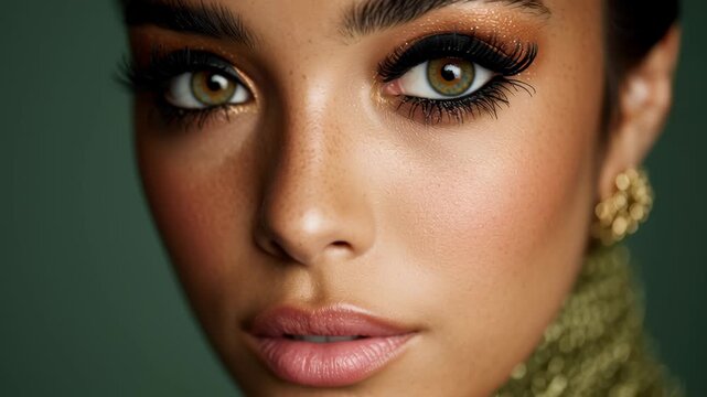 Extreme Close Up of Golden Shimmer Female Eye Makeup with Bold Winged Eyeliner Video.
