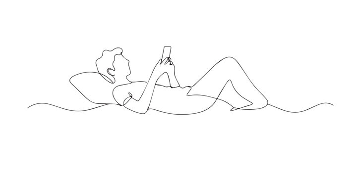 One line drawing of man lying using smartphone. Continuous line of relaxed lifestyle moment. Modern digital concept. Minimalist style. single line art vector illustration.