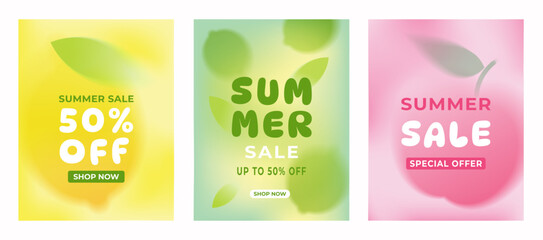 Obraz premium Set of three vertical summer sale banners with abstract blurred fruit backgrounds (lemon, lime, apple). Minimalist gradient design for seasonal retail promotions and marketing