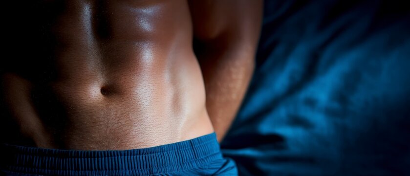 Close up view of athletic male torso with visible abs and muscular definition captured in low light with blue toned bedding background for fitness and wellness marketing